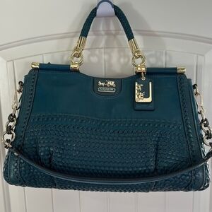 Coach Teal Woven Madison Caroline  Leather Dowel Satchel RARE hard to find!!